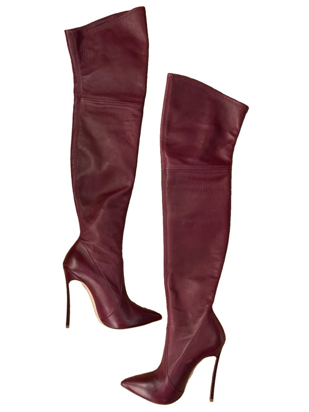 Casadei Blade 125MM Burgundy Wine Over the Knee Stretch Leather Boots 36.5 6 1/2
